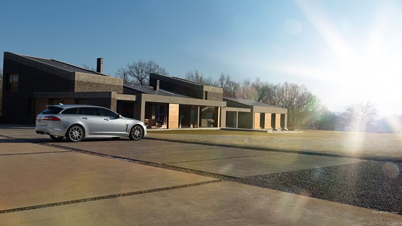 Silver Station Wagon — Gray, Serene, Afternoon, Photograph, Modern House