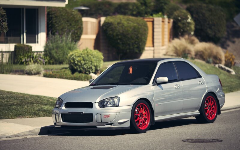 Silver Subaru Wrx Sti — Calm, Afternoon, Photograph, Red Wheels, House