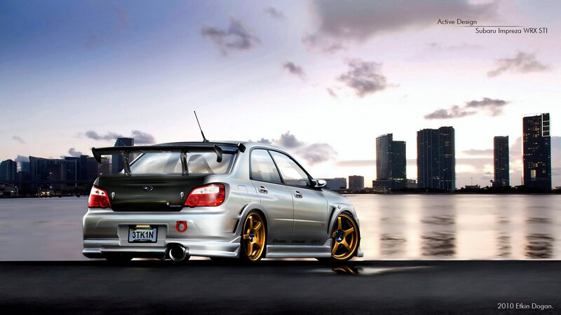 Silver Subaru WRX STI with gold wheels
