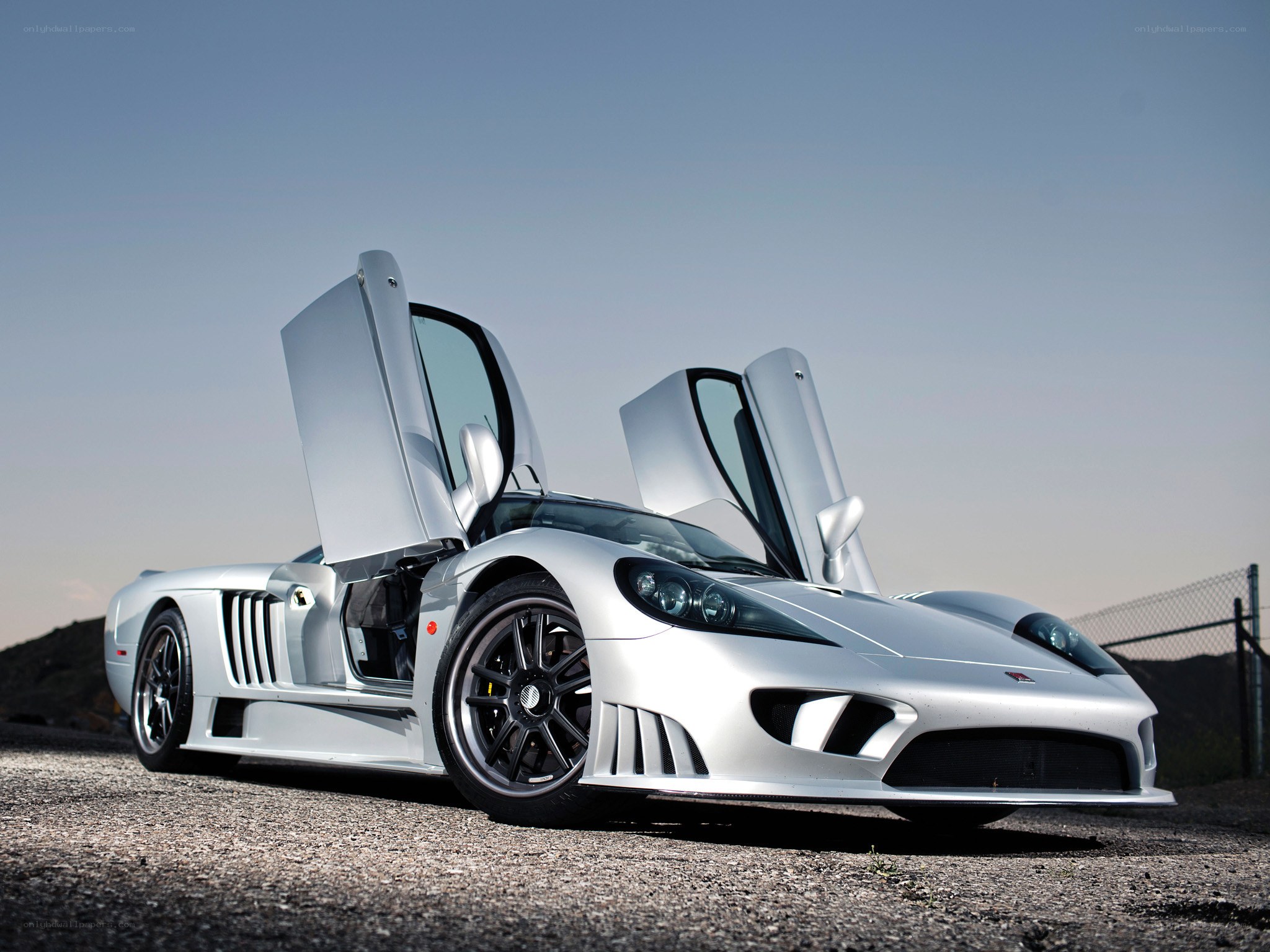 Silver supercar with doors open