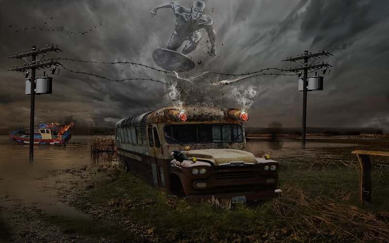 Silver Surfer Above Bus