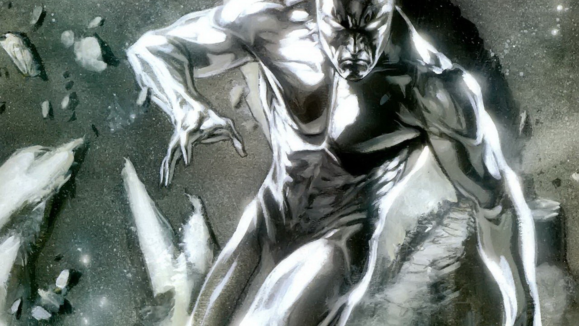 Silver Surfer emerges from debris