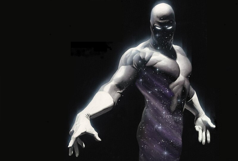 Silver Surfer stands in space