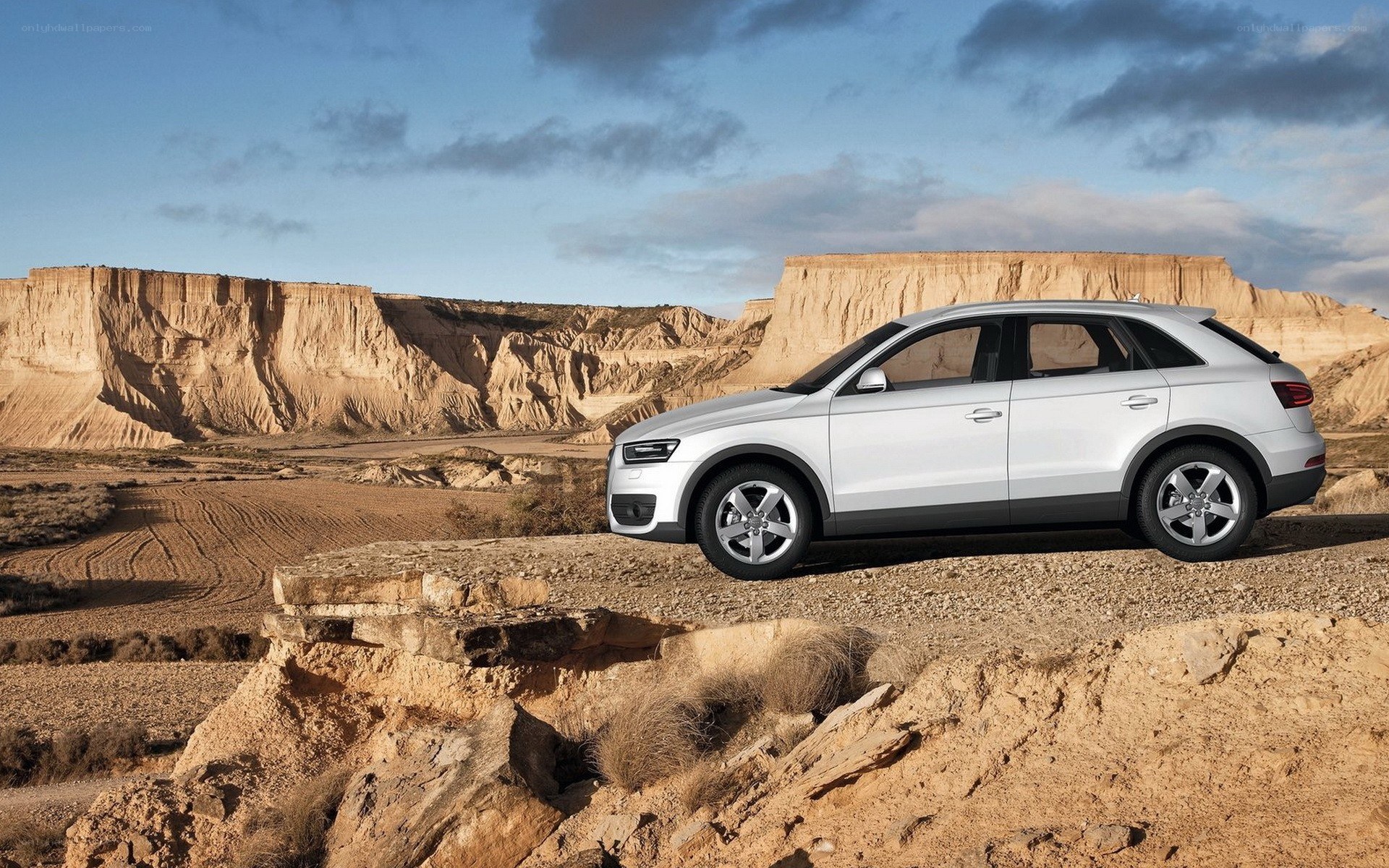 Silver SUV in desert landscape
