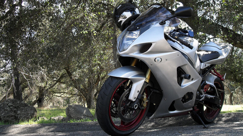 Silver Suzuki motorcycle in forest