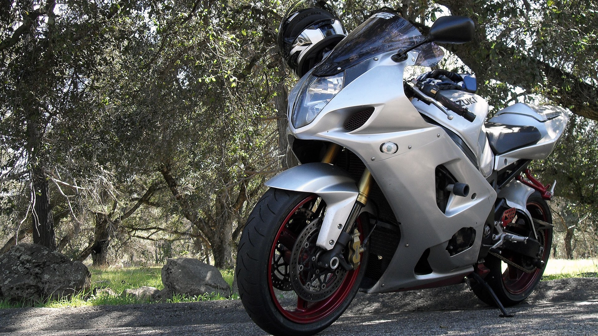 Silver Suzuki motorcycle in forest
