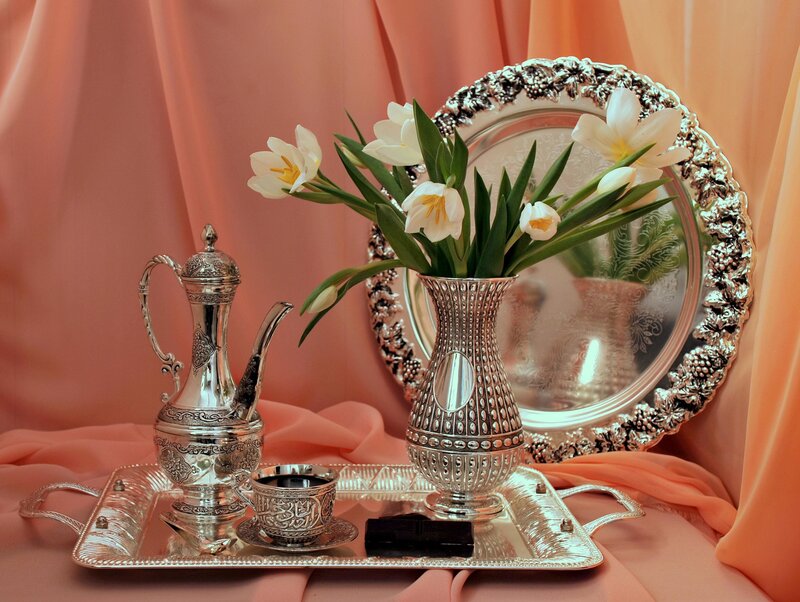 Silver Tea Set with Flowers