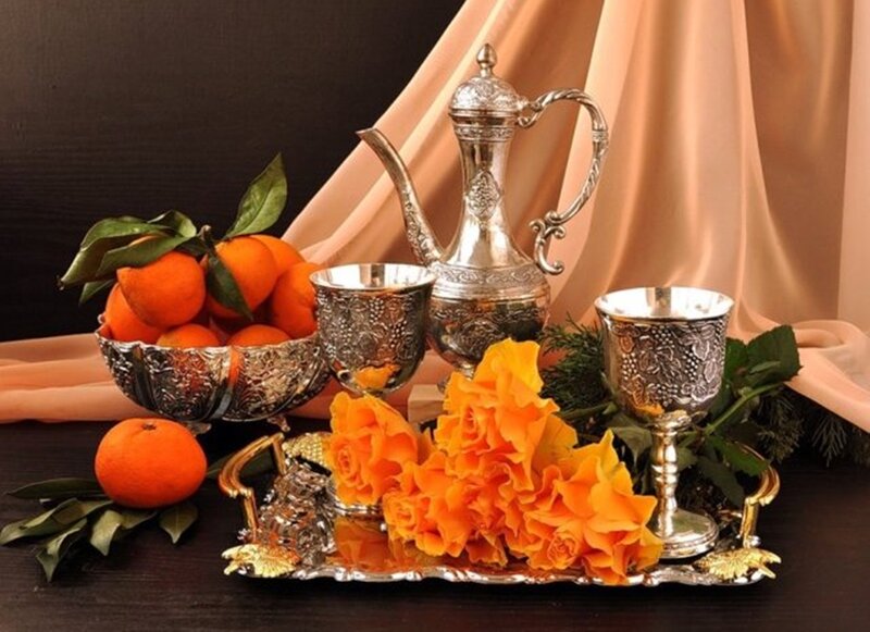 Silver Tea Set with Oranges — Orange