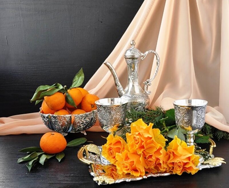 Silver Tea Set with Oranges