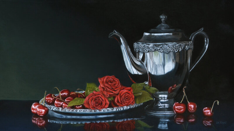 Silver Teapot with Cherries