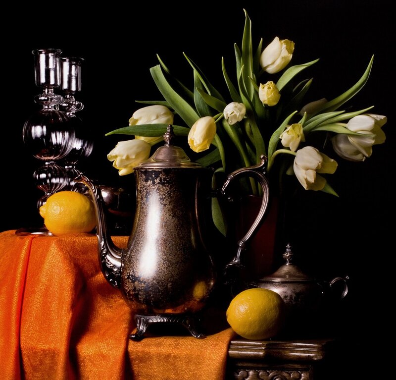 Silver Teapot with Flowers — Black