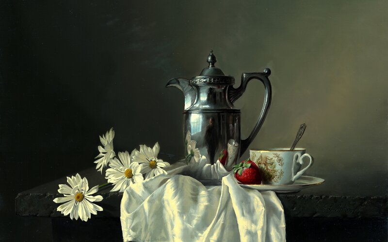 Silver Teapot with Flowers — White