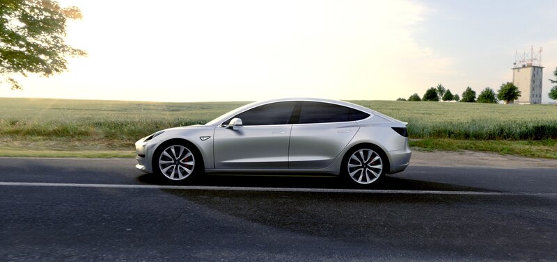 Silver Tesla Model 3 — Serene, Sunset, Photograph