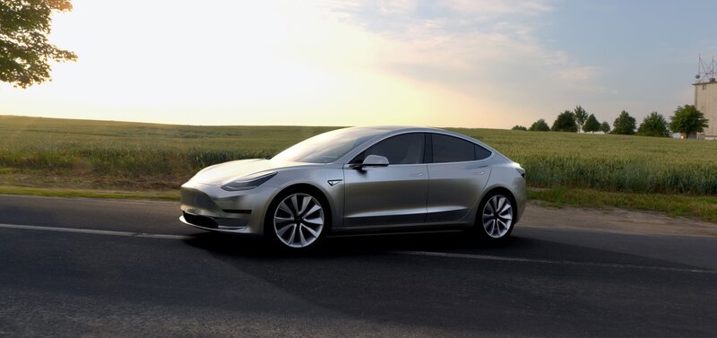 Silver Tesla Model 3 — Serene, Sunset