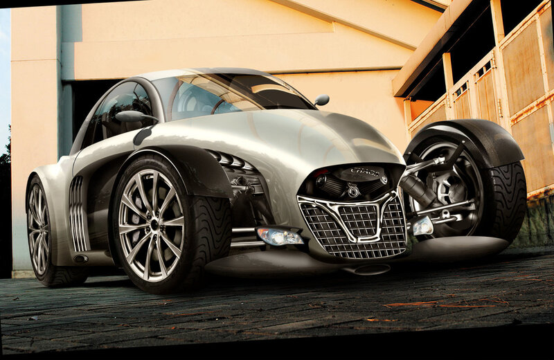 Silver three-wheeled sports car