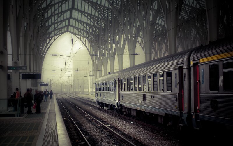 Silver Train at Station — Gray