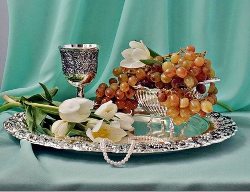 Silver Tray with Fruit and Flowers