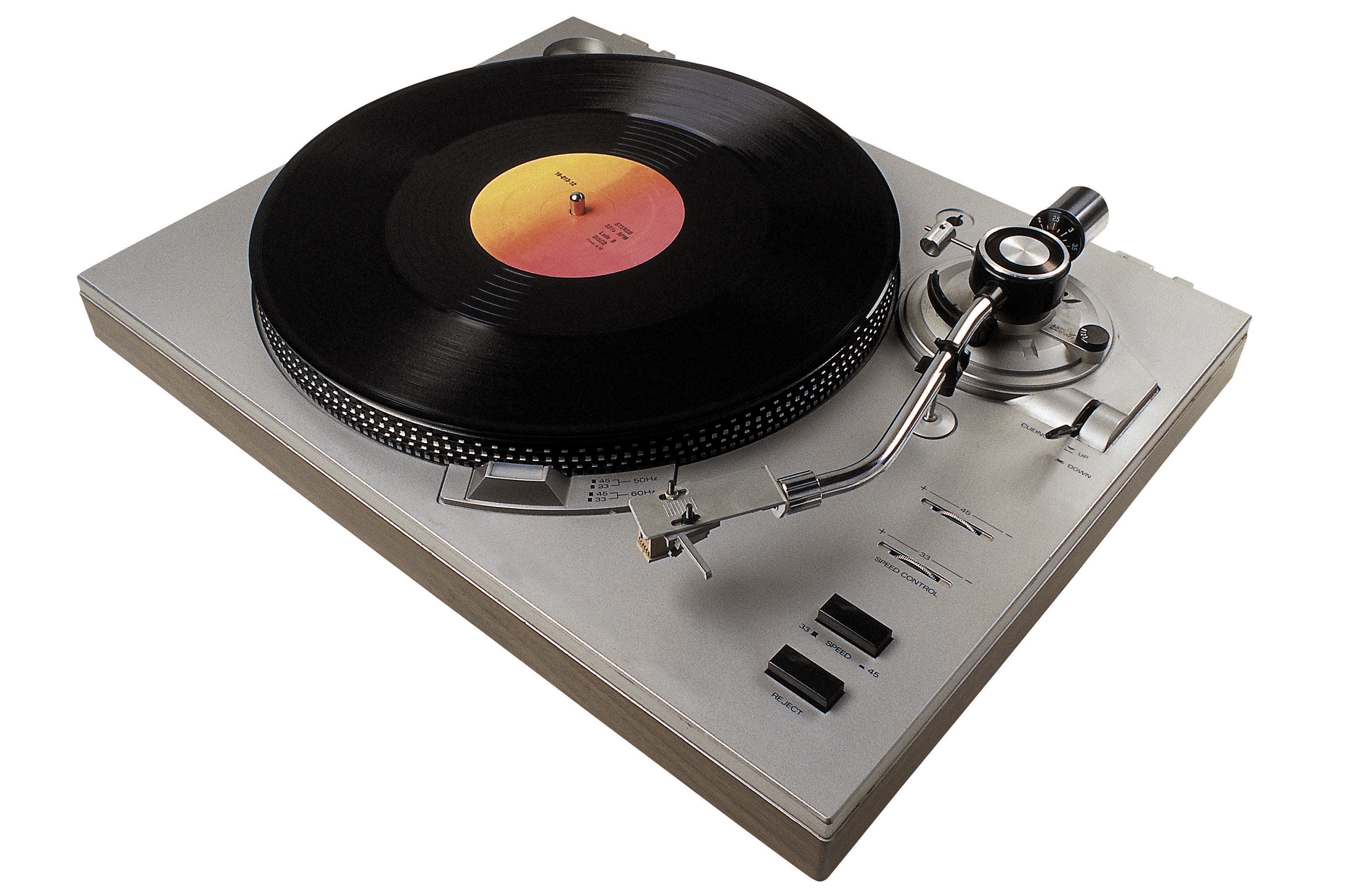 silver turntable with vinyl record