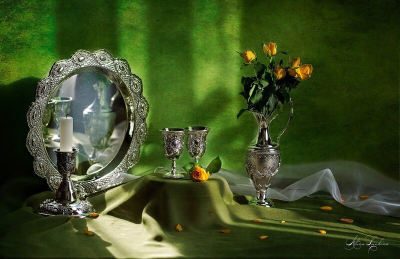 Silver Vase with Yellow Roses