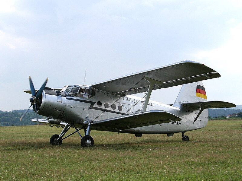 Silver vintage biplane on grass field