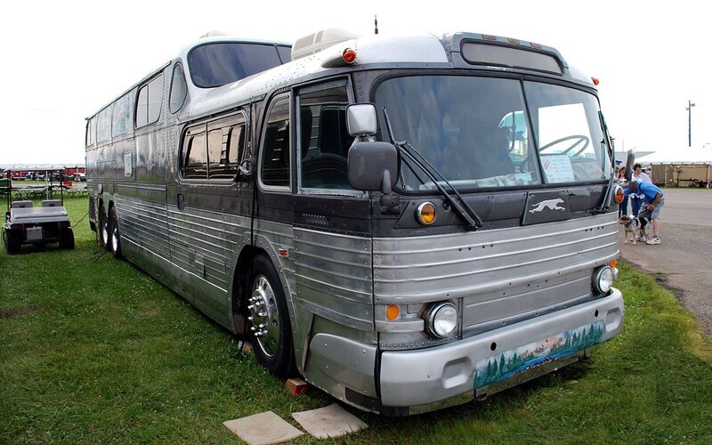 Silver vintage bus on display