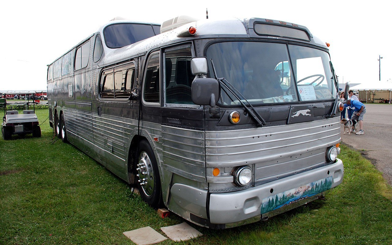 Silver vintage bus on display
