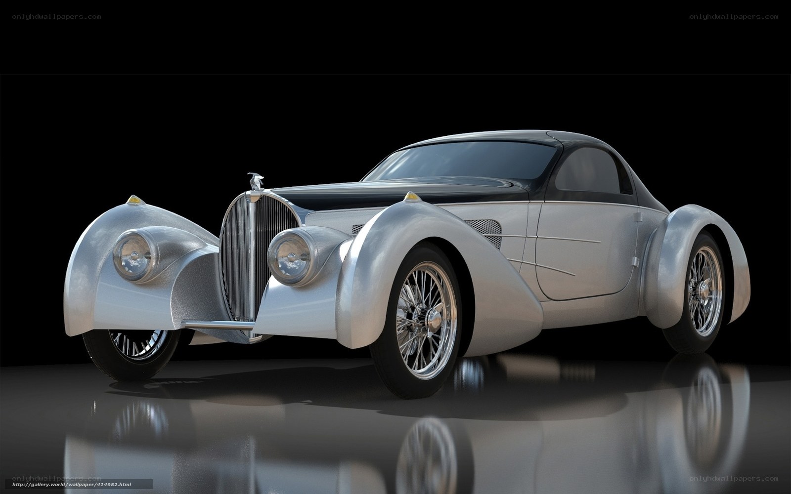 Silver vintage car on black background
