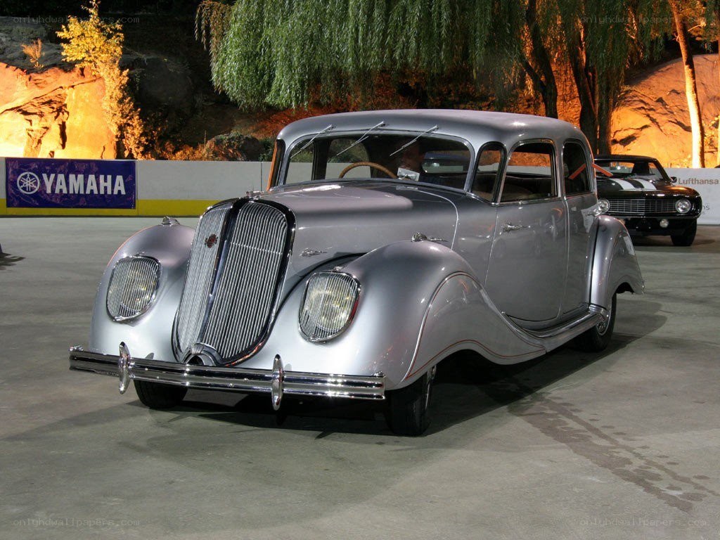 Silver vintage car on display
