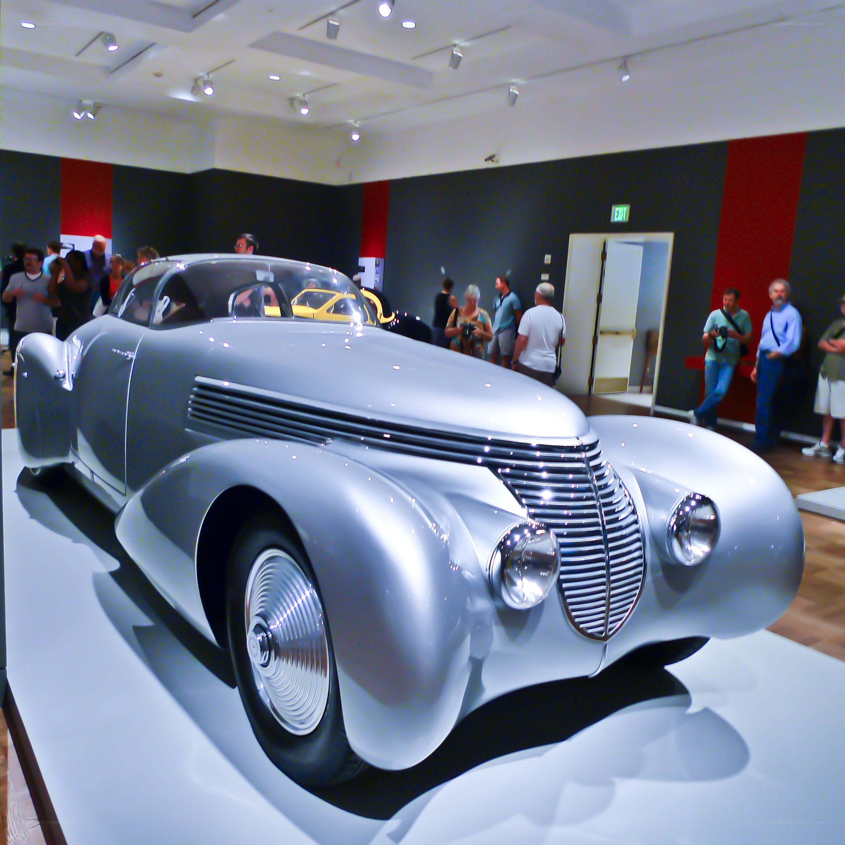 Silver vintage car on display