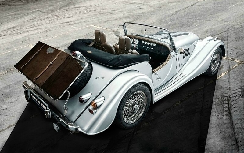 Silver Vintage Convertible — Dramatic, Photograph, Brown Suitcase