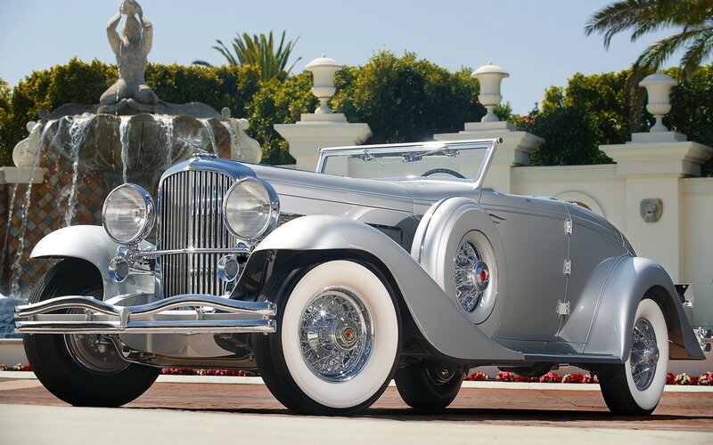 Silver Vintage Convertible — Serene, Afternoon, Photograph, Fountain