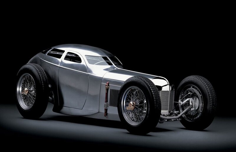 Silver Vintage Race Car — Dramatic, Photograph, Wheels