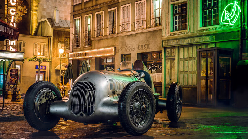 Silver Vintage Race Car — Green, Dramatic