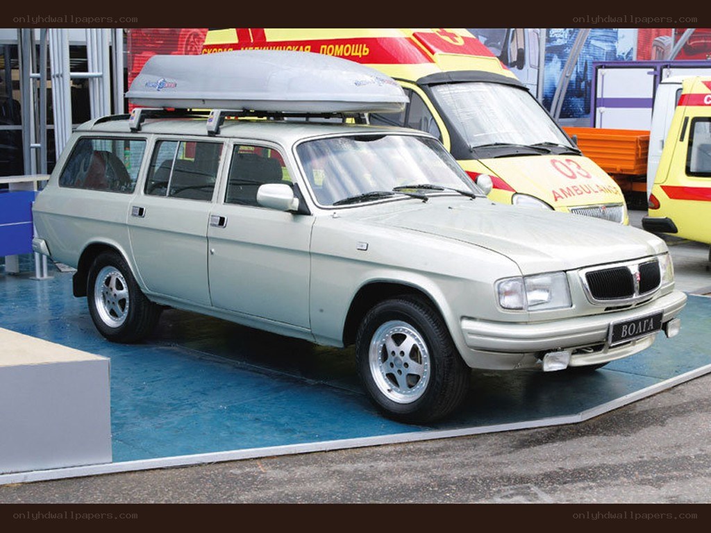 Silver Volga station wagon on display