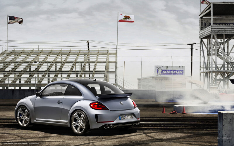 Silver Volkswagen Beetle at racetrack
