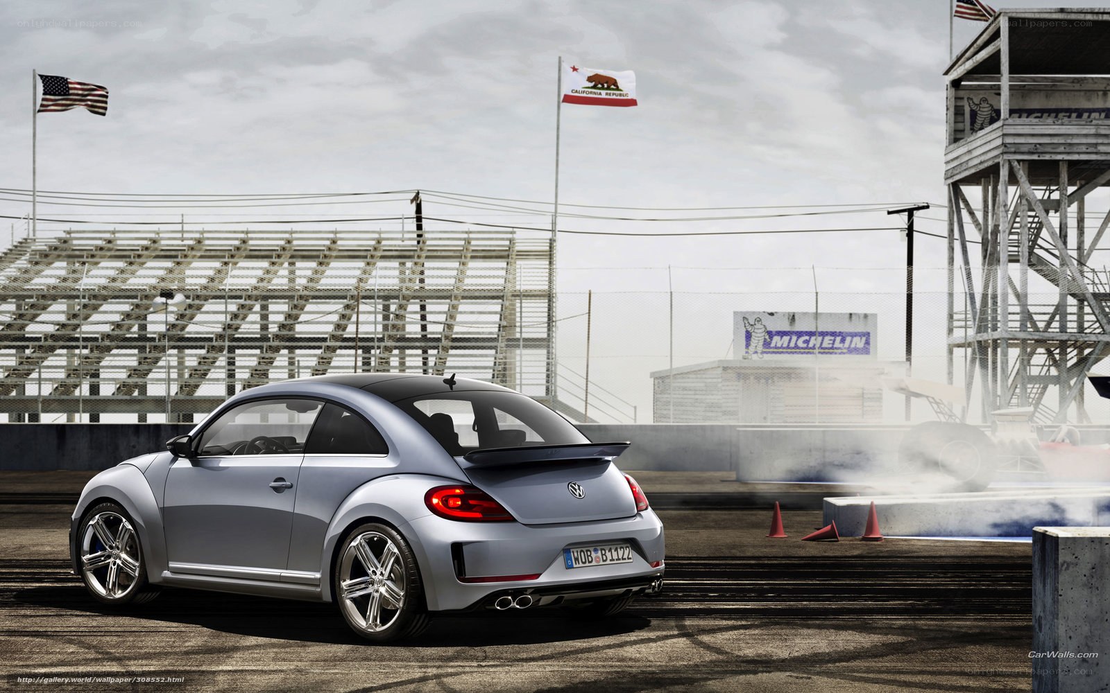 Silver Volkswagen Beetle at racetrack