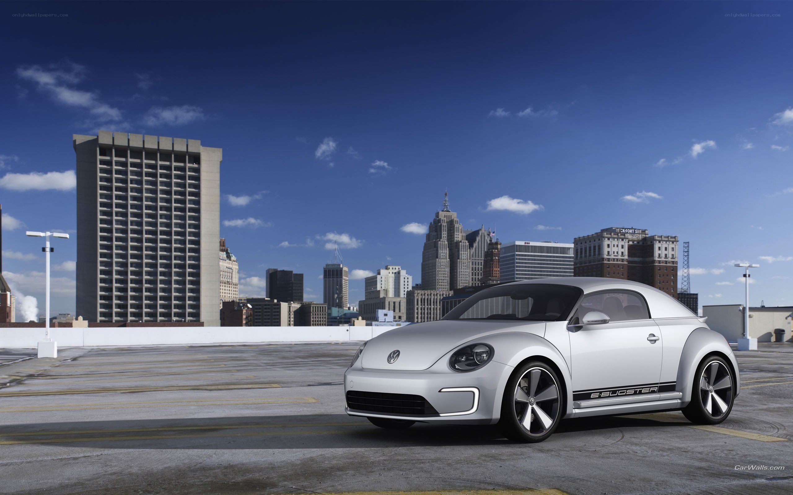 Silver Volkswagen Beetle on rooftop