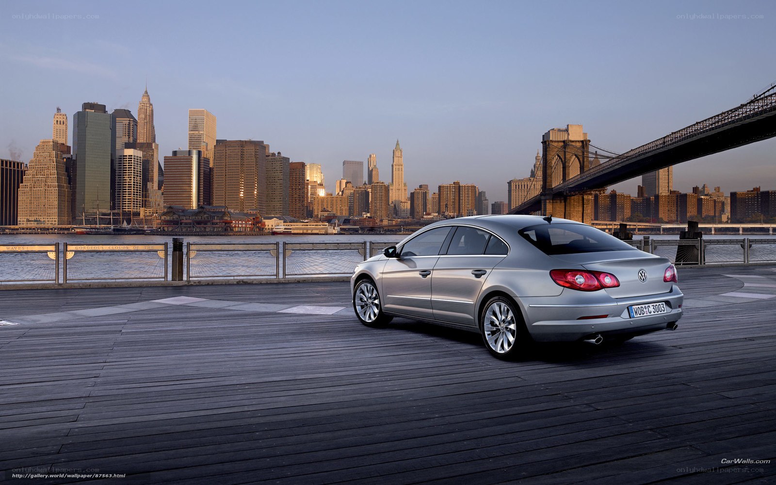 Silver Volkswagen CC by the Brooklyn Bridge