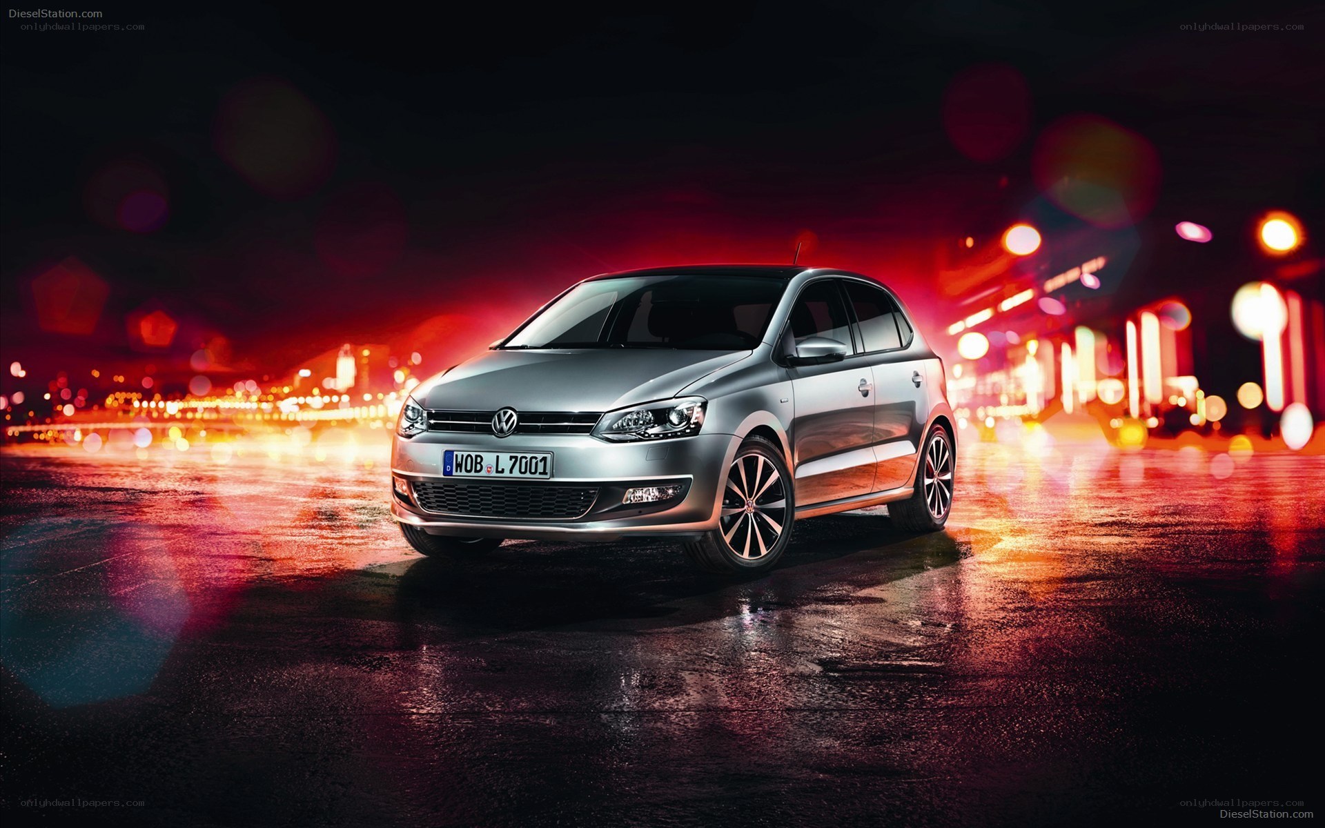 Silver Volkswagen Polo at night