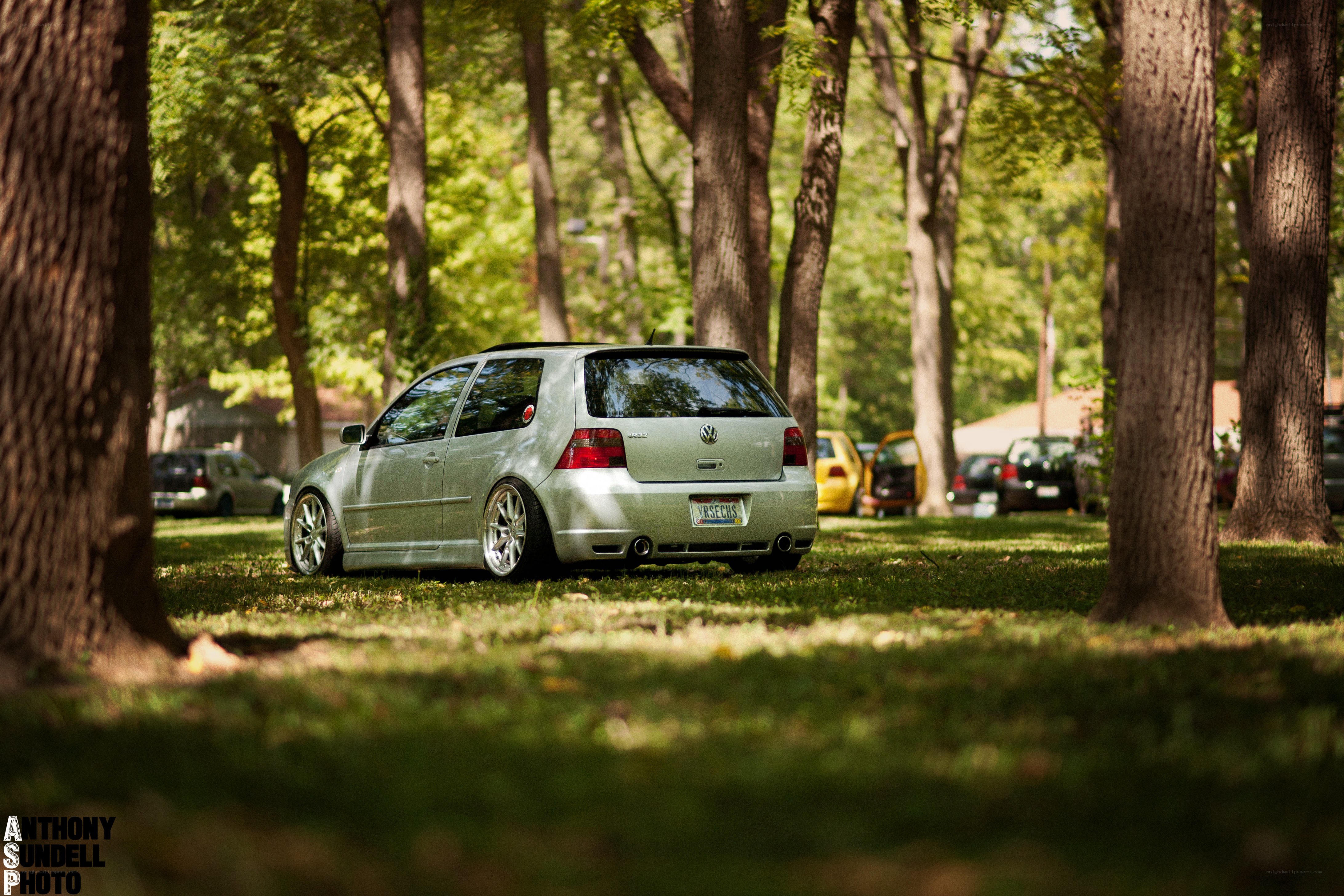 Silver VW Golf in a park