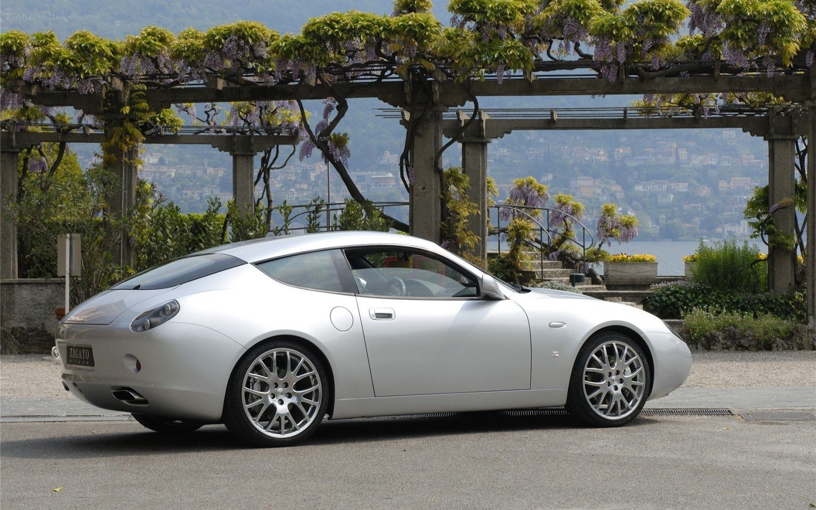 Silver Zagato car by a lake