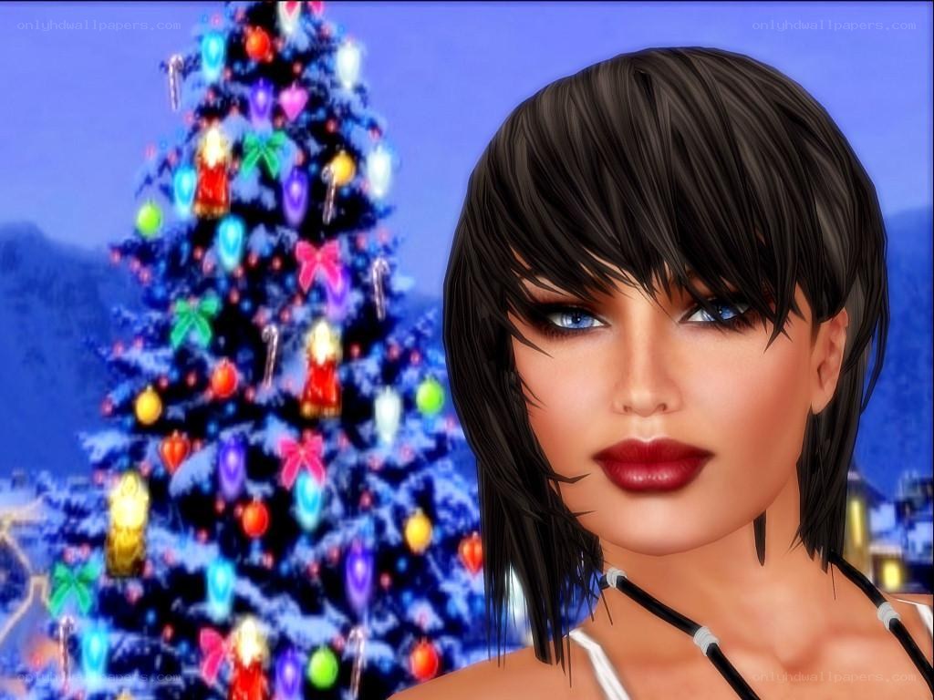 sim character with Christmas tree