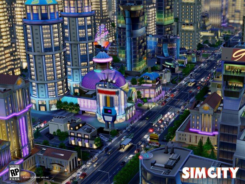 SimCity cityscape at night