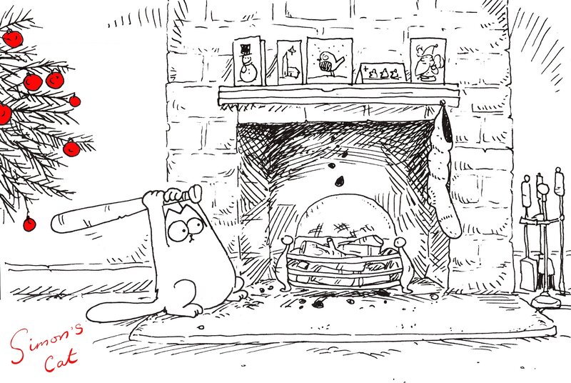 Simon's Cat by fireplace