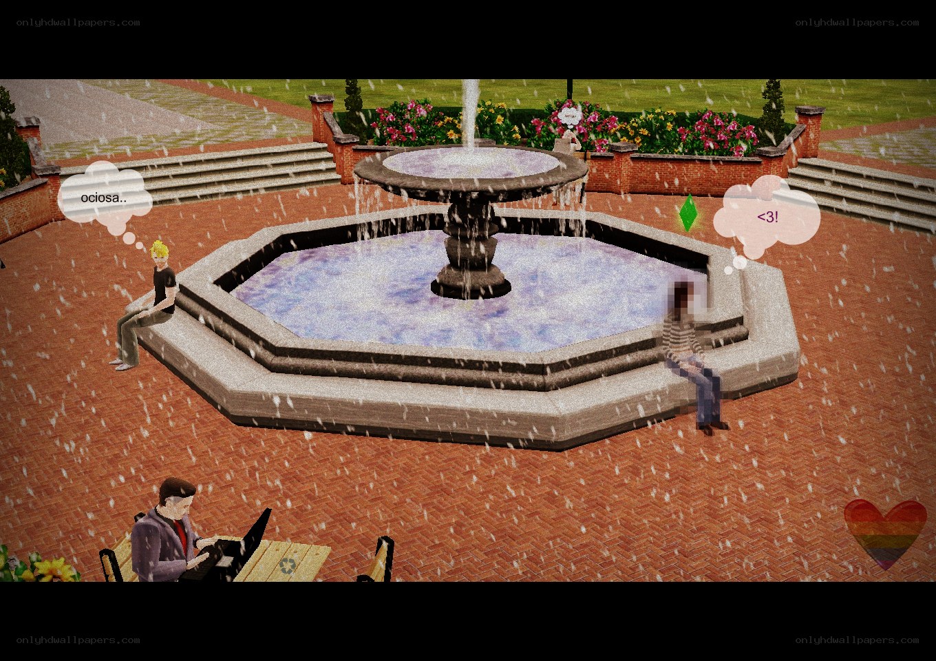 Sims scene with fountain