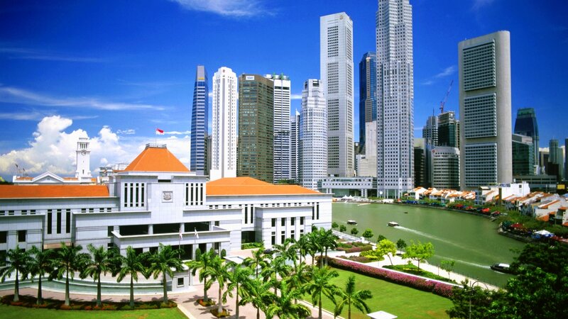 Singapore city skyline with river