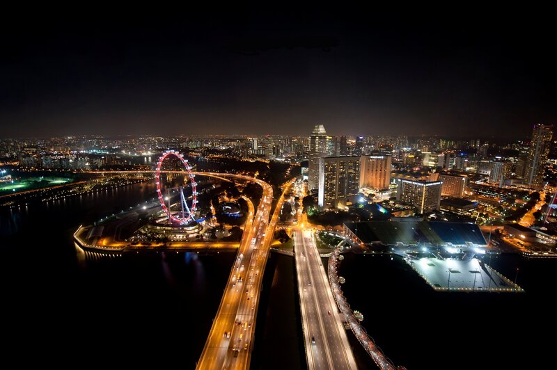 Singapore Flyer at Night — Black, Dramatic, Photograph