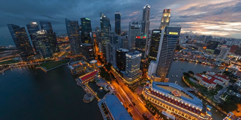 Singapore Skyline at Dusk — Blue, Dramatic, Sunset, Photograph, Skyscrapers, River
