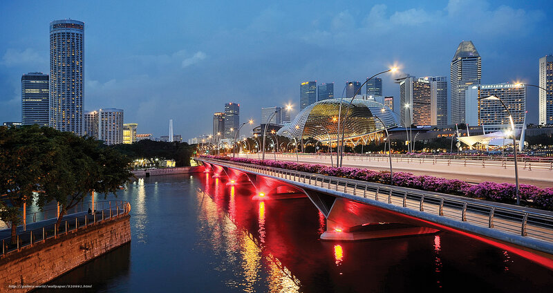 Singapore Skyline at Dusk — Blue, Serene, Night, Photograph, Bridge, River