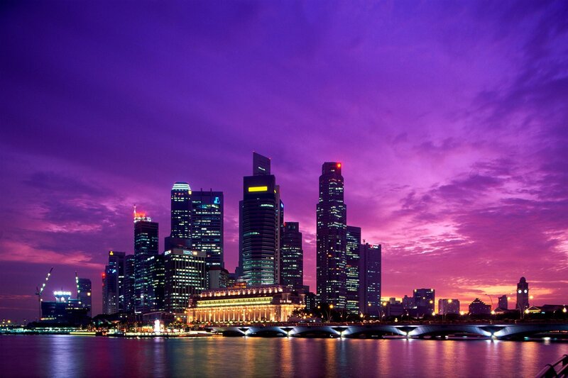 Singapore Skyline at Dusk — Purple, Dramatic, Sunset, Photograph, Skyscrapers, River, Bridge